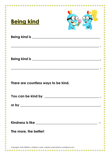 Being kind - PSHE/literacy sheet + examples
