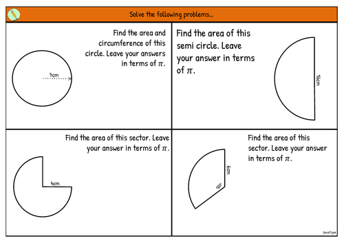 Area of circle sectors in terms of pi -  4 questions - Free Mastery Resource