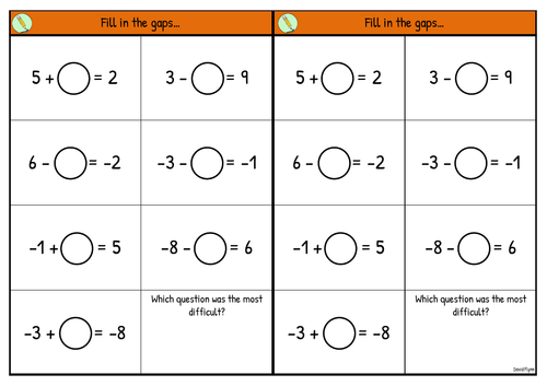 Negative numbers - Fill in the blanks - Free Mastery Resource