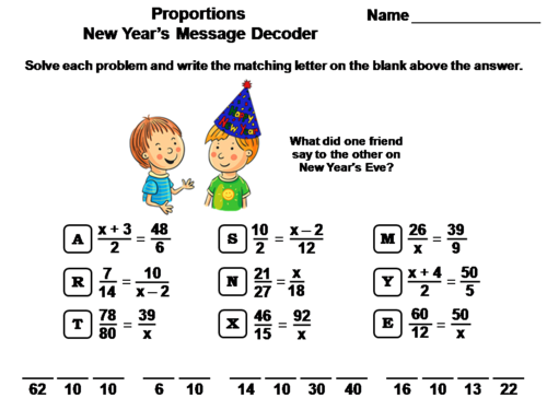 Solving Proportions New Year's Math Activity: Message Decoder