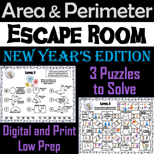 Area and Perimeter Game: Geometry Escape Room New Year's Math Activity
