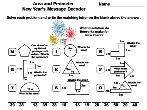 Area and Perimeter New Year's Math Activity: Message Decoder