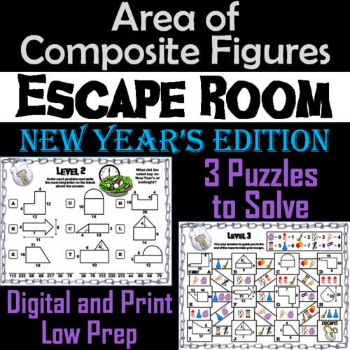 Area of Composite Figures Game: Geometry Escape Room New Year's Math Activity