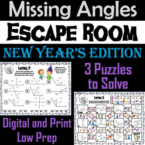 Solving for Missing Angles Game: Geometry Escape Room New Year's Math Activity