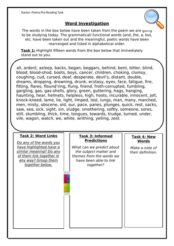 'Dulce et Decorum Est' Wilfred Owen: Pre-Reading Task | Teaching Resources