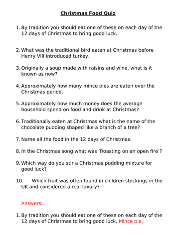 Christmas food quiz, printable on word | Teaching Resources