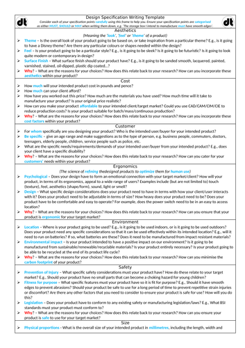 GCSE & A-Level D&T Design Specification Writing Frame