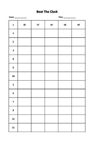 Maths - Times Tables Beat The Clocks worksheet 4x 6x 7x 8x 9x