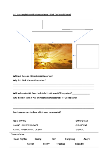 Year 5/6 Characteristics of God Worksheet - What qualities are important in a God?