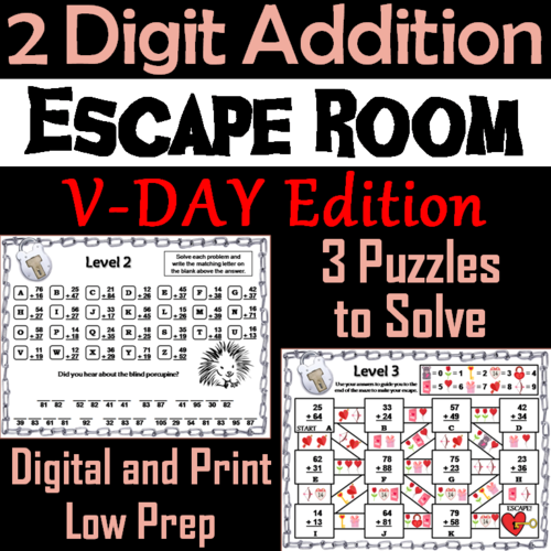 Double Digit Addition With & Without Regrouping Valentine's Day Escape Room Math