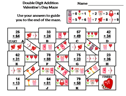 Double Digit Addition With and Without Regrouping Valentine's Day Math Maze