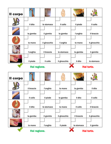 Corpo (Body in Italian) Grid Vocabulary Activity