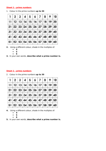 identify prime numbers - worksheets and challenges - Y5
