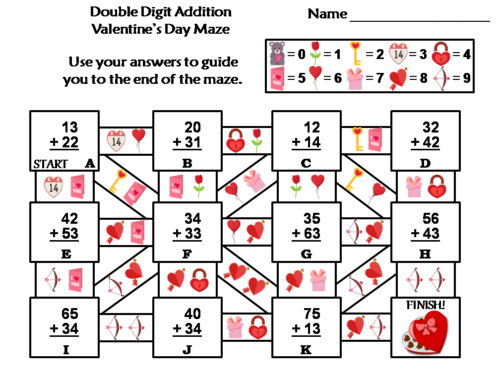 Double Digit Addition Without Regrouping Valentine's Day Math Maze