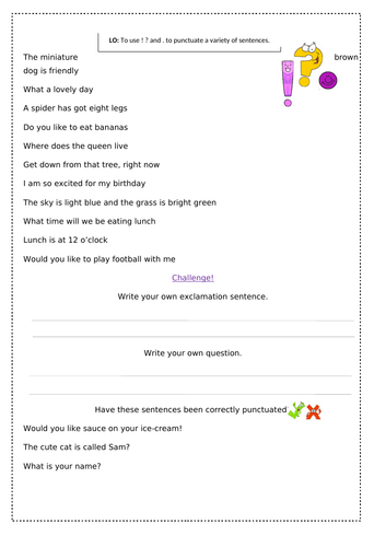 Punctuating sentences exclamation and question marks with challenge year 1 year 2 KS1