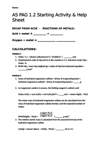 AS Chem: PAG 1.2 Starter and help sheet (worksheet)