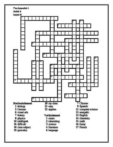 T'es branché 1 Unité 3 Leçon B Crossword | Teaching Resources