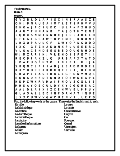 T'es branché 1 Unité 3 Leçon C Wordsearch