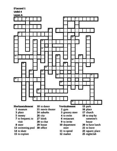 D #39 accord 1 Unité 4 Leçon A Crossword Teaching Resources