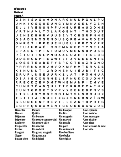 D'accord 1 Unité 4 Leçon A Wordsearch