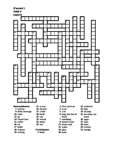 D'accord 1 Unité 4 Leçon B Crossword