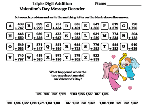 Triple Digit Addition With Regrouping Valentine's Day Math: Message Decoder