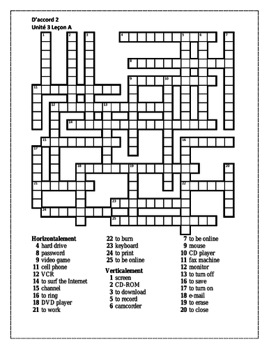 D'accord 2 Unité 3 Leçon A Crossword