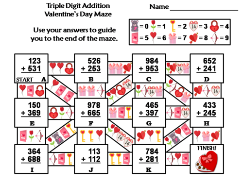Triple Digit Addition With Regrouping Valentine's Day Math Maze