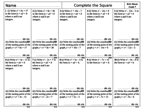 RAG Sheets - Complete the Square