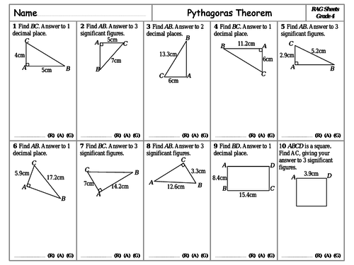 RAG Sheets - Pythagoras Theorem