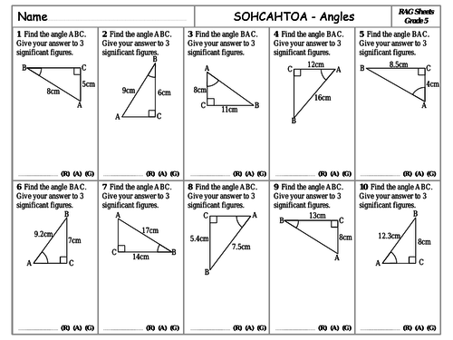 RAG Sheets - Trigonometry - SOHCAHTOA Angles