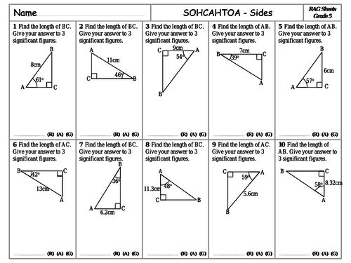 RAG Sheets - Trigonometry - SOHCAHTOA Sides