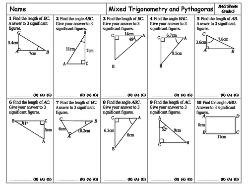RAG Sheets - Mixed Pythagoras and Trigonometry