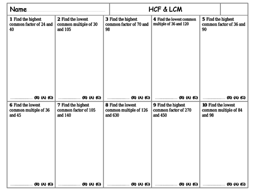 RAG Sheets - HCF & LCM