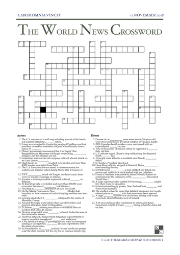 The World News Crossword - November 11th, 2018