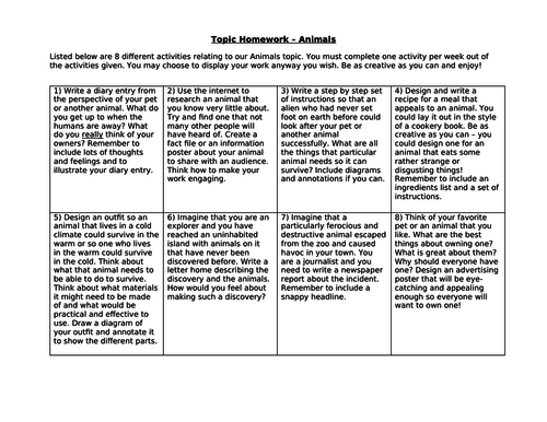 Literacy Homework Tasks Grid for KS2 based around Animals