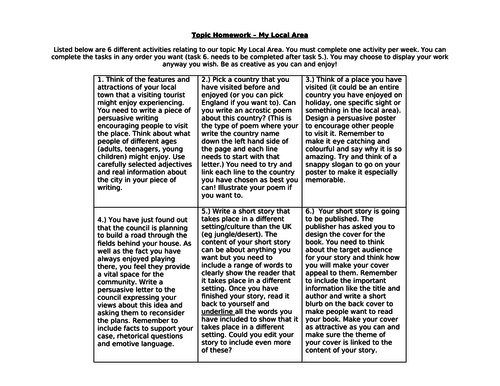 My Local Area Literacy Homework Tasks Grid for KS2