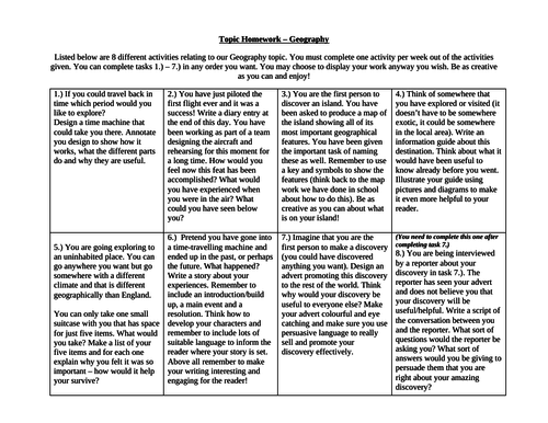 Literacy Homework grid for KS2 based around Geography Explorers Adventurers