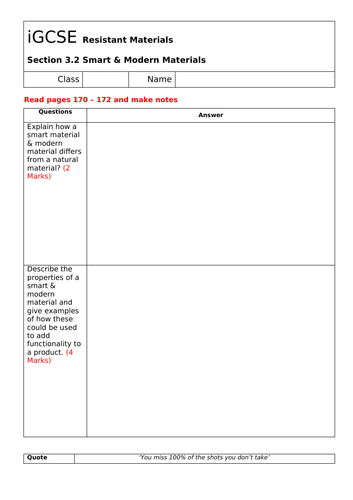 iGCSE Design Technology Topic Questions (Resistant Materials)