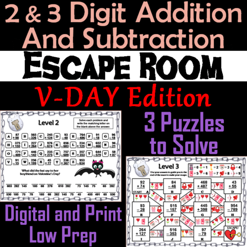 2 and 3 Digit Addition and Subtraction Escape Room Valentine's Day