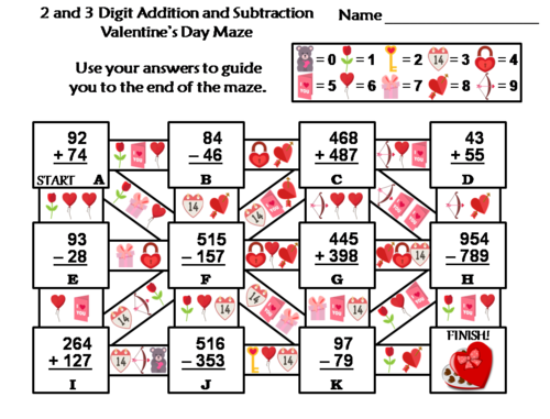 2 and 3 Digit Addition and Subtraction With Regrouping Valentine's Day Math Maze