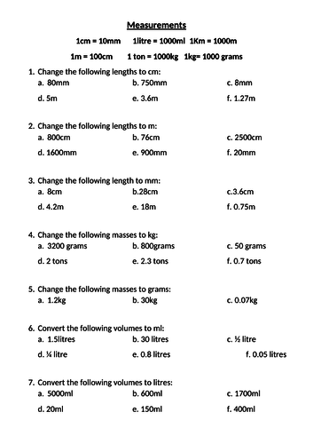 Measurements and Units Booklet conversion, measure, calculate