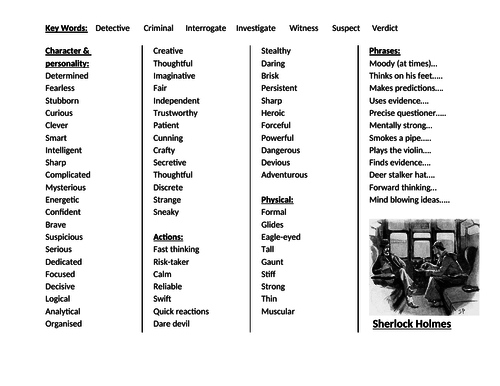 Sherlock Holmes Vocabulary Mat