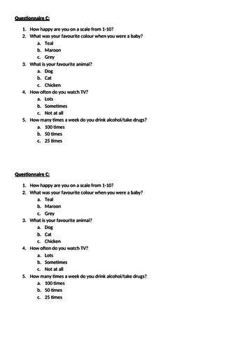 AQA GCSE Psychology (New Spec 2018) Questionnaires