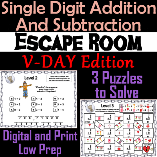 Single Digit Addition and Subtraction Game: Valentine's Day Escape Room Math