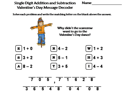 Single Digit Addition and Subtraction Valentine's Day Math: Message Decoder