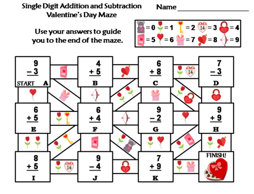 Single Digit Addition and Subtraction Valentine's Day Math Maze