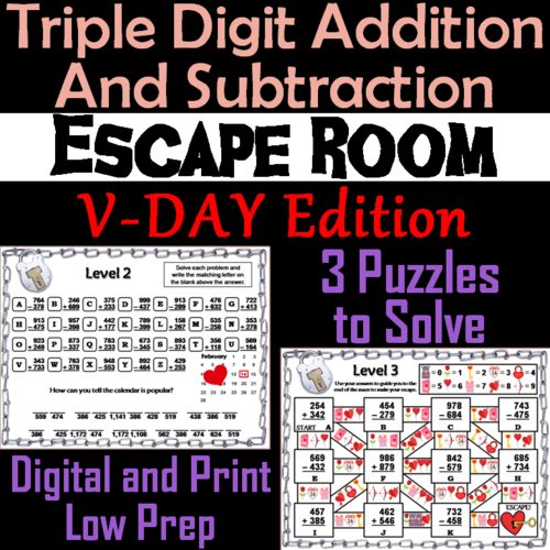 Triple Digit Addition and Subtraction Game: Math Escape Room Valentine's Day