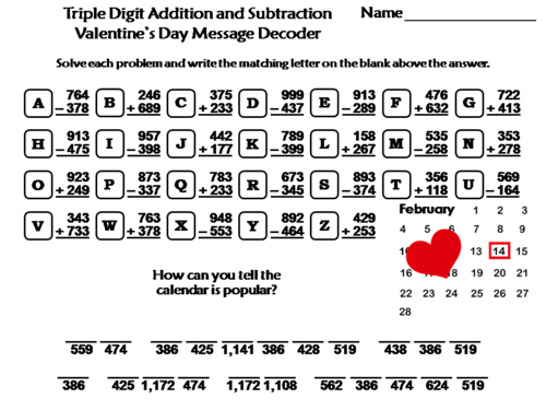 Triple Digit Addition and Subtraction Valentine's Day Math: Message Decoder
