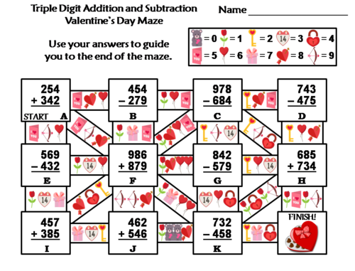 Triple Digit Addition and Subtraction Valentine's Day Math Maze